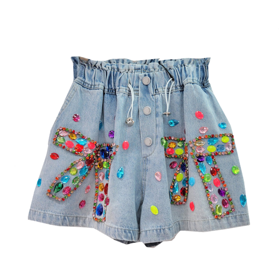 Colored Diamond Bow High Waist Wide Leg Denim