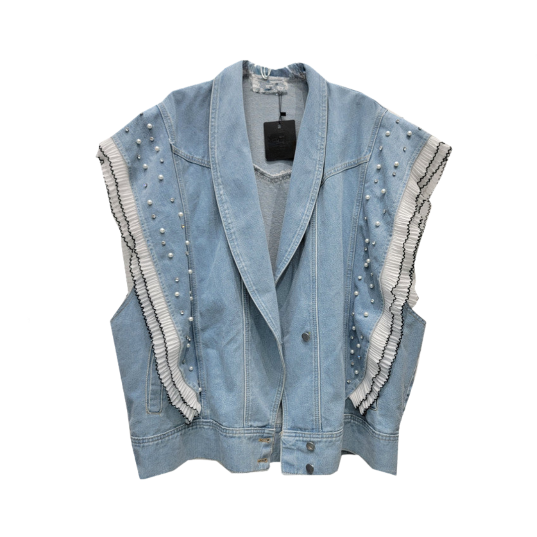 Denim Ruffled Edge Patchwork Pearl Loose Vest