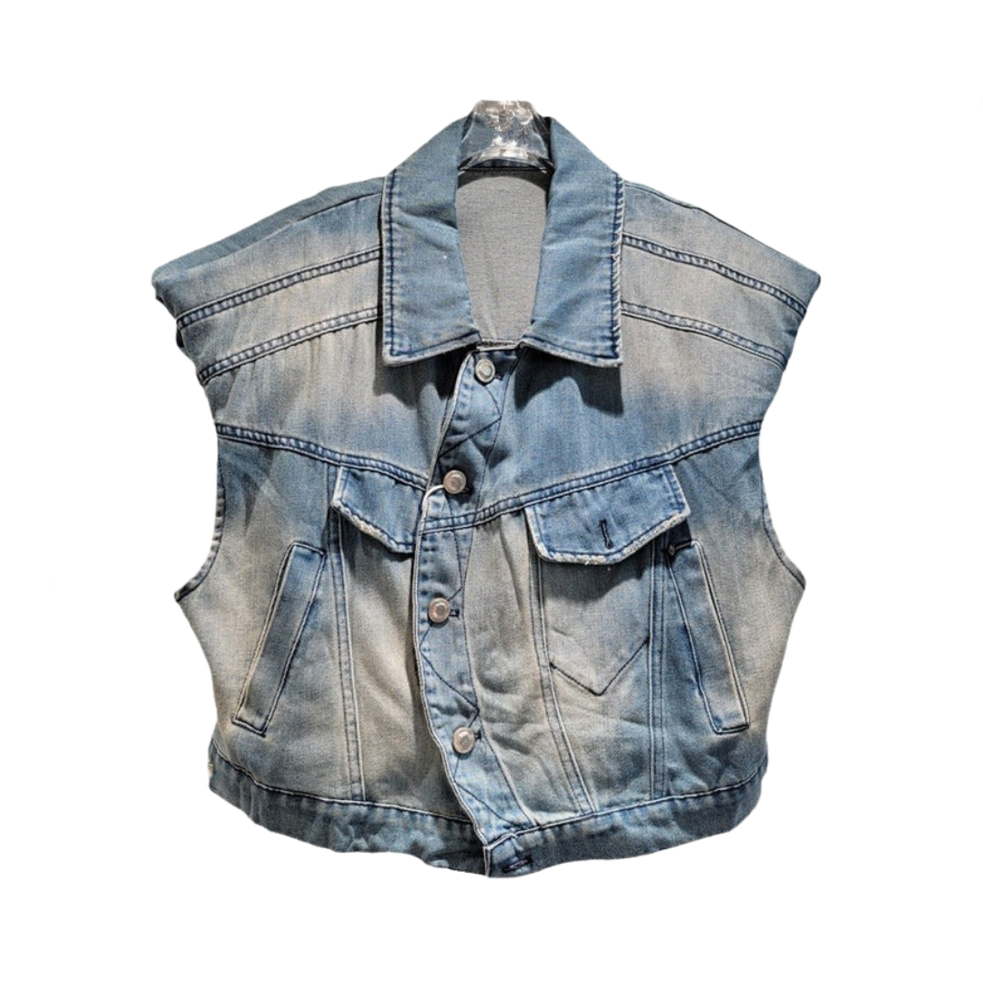 Denim Waistcoat Asymmetric Shoulder Padded Vest