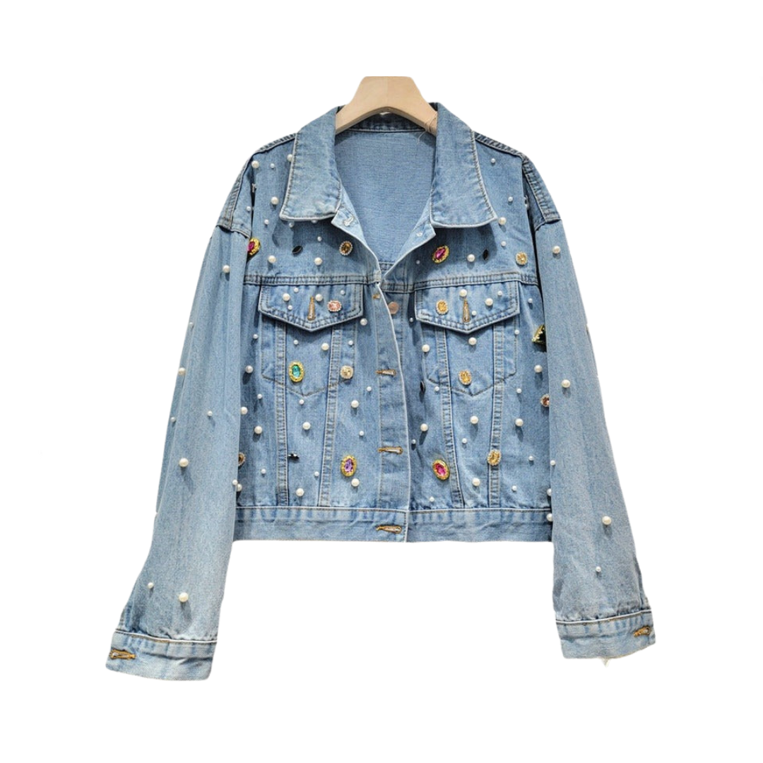 Colorful Crystal Single Breasted Pearl Denim Jacket