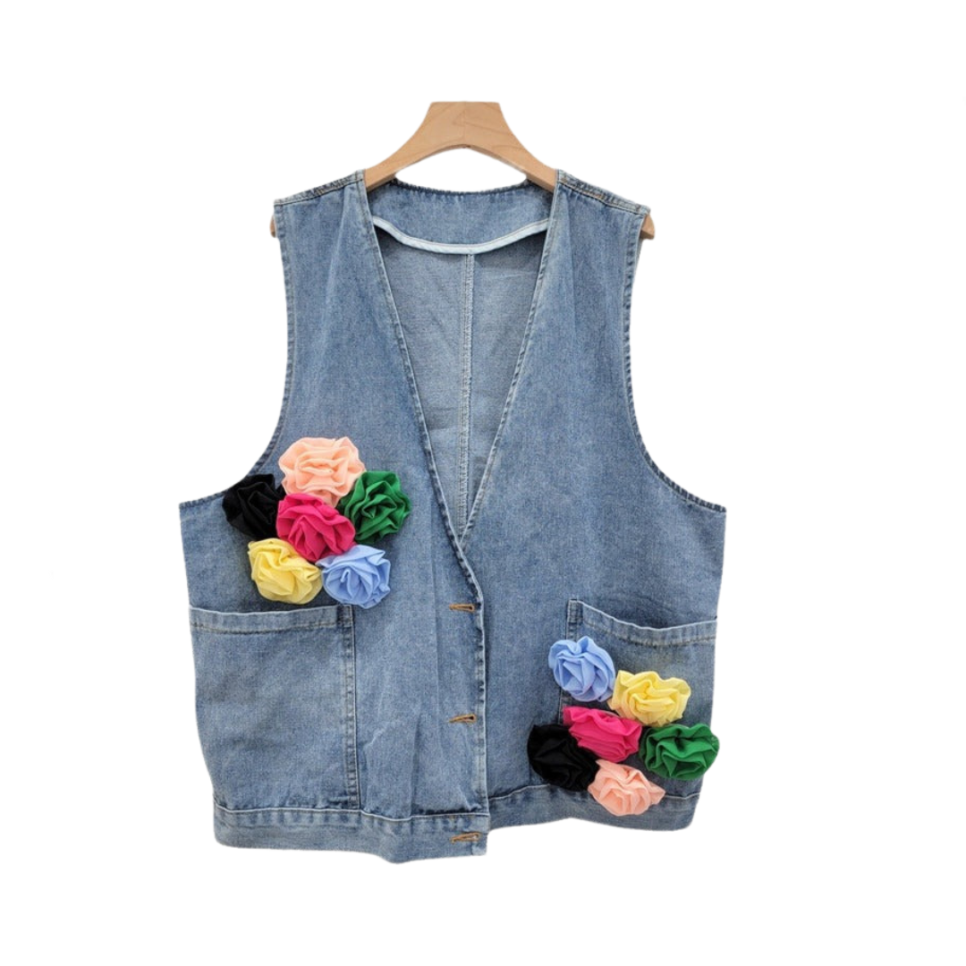 Denim Waistcoat Spliced Flowers Loose Vest