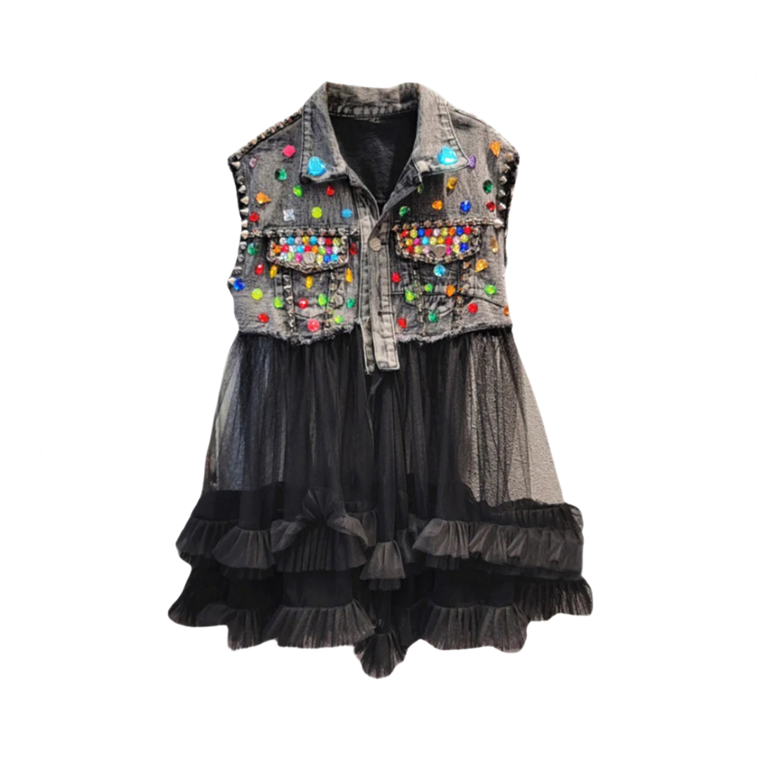 Denim Vest Mesh Spliced Rivet Burrs Gray Dress