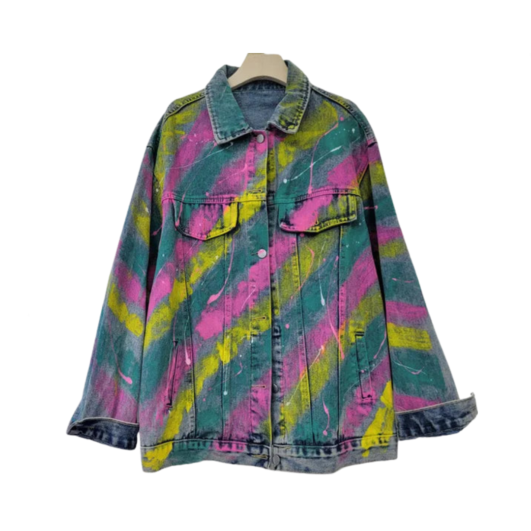Diamond Inlaid Letter Spray Painted Denim Jacket