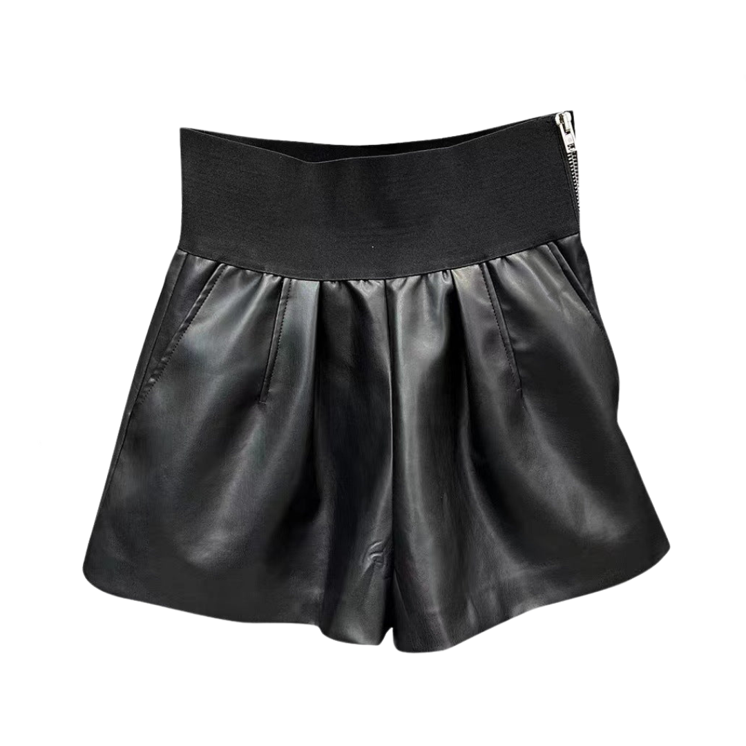 Elastic Wide Leg PU Leather Shorts