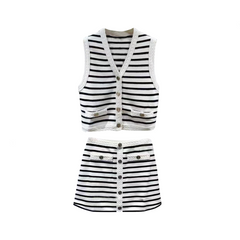 Striped V-Neck Knit Vest + A-Line Knit Skirt
