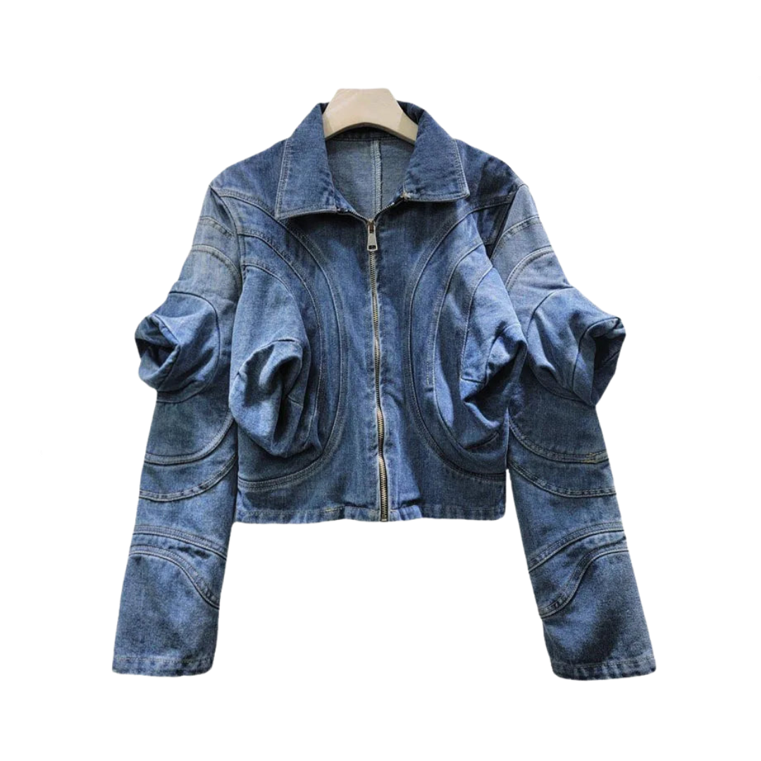 Casual Puff Sleeve Zip Denim Jacket