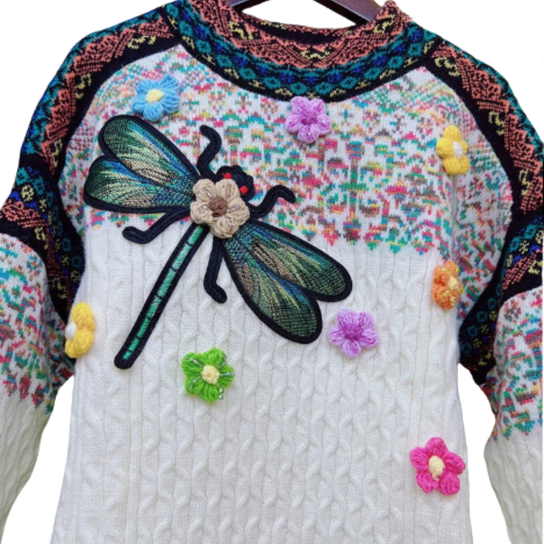 Dragonfly Embroidery Round Neck Retro Knitted Sweater