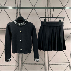 Nail Bead Knitted Cardigan + High Waisted Pleated Skirt Set