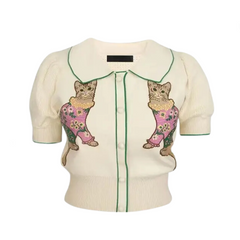 Cat Embroidery Short Sleeve Knitted T-Shirt