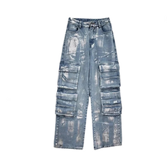 High Waist Straight Wide Leg Multiple Pockets Denim Pants