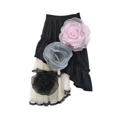 Mesh Patchwork High Elastic Waist Flowers A-Line Skirt