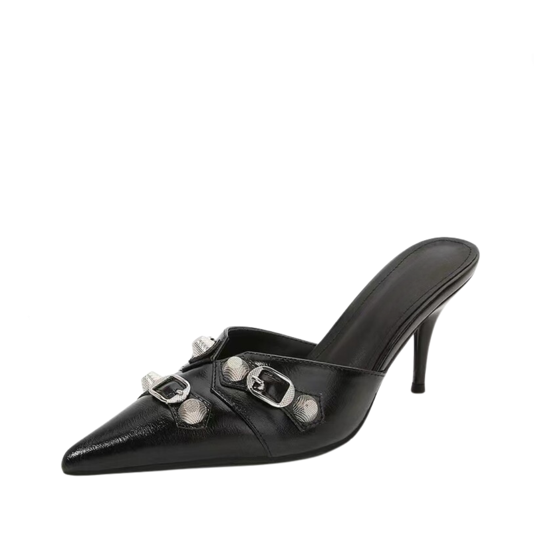 Metal Rivet Buckle Strap Pointed Toe Stiletto Pumps