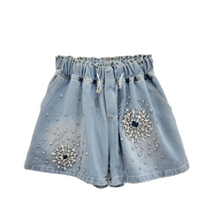 Diamond Elastic Waist Drawstring Denim Shorts