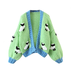 Animal Pattern Handmade Coarse Needle Knitted Long Sleeve Cardigan