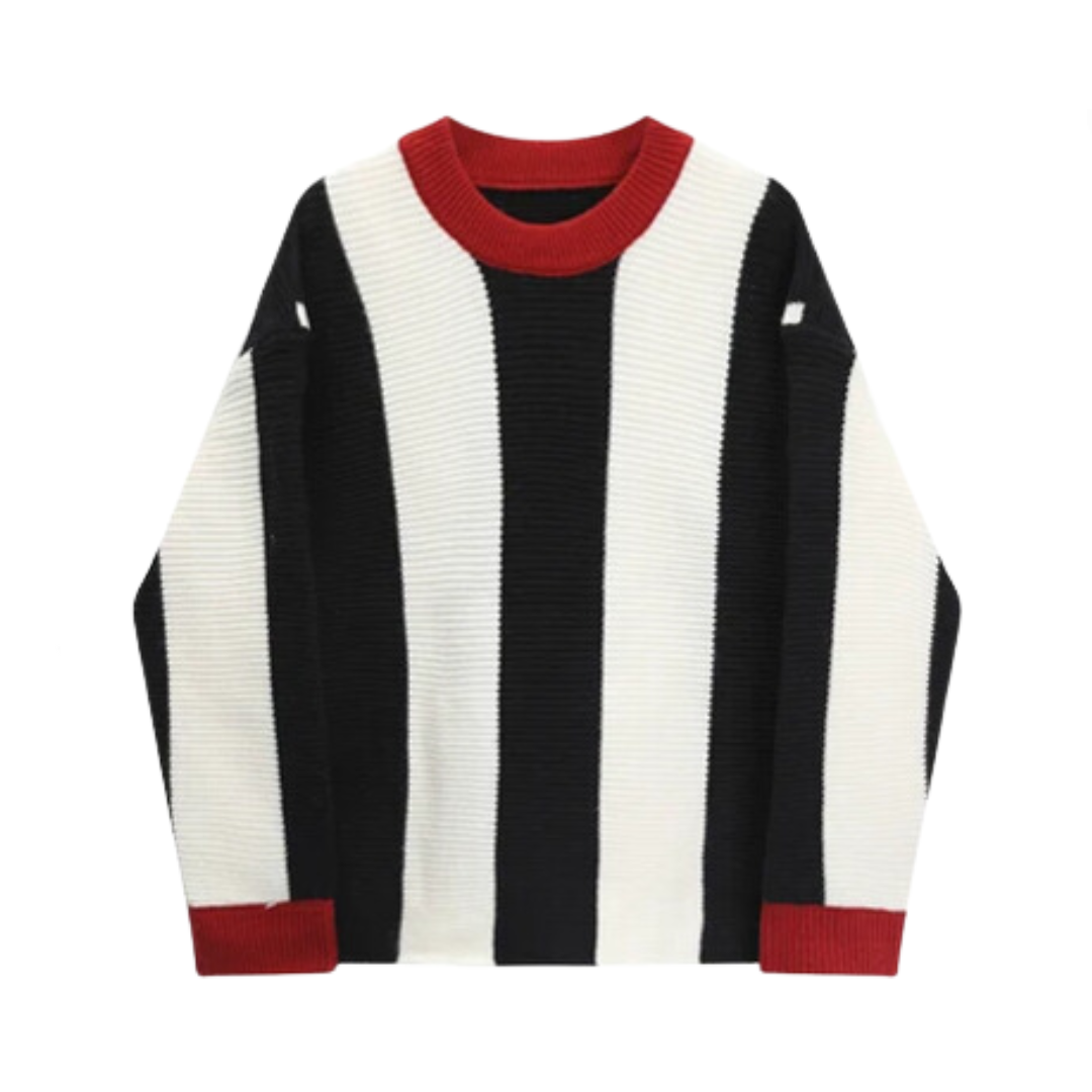Round Neck Striped Long Sleeved Knitted Sweater
