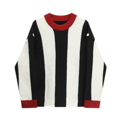Round Neck Striped Long Sleeved Knitted Sweater