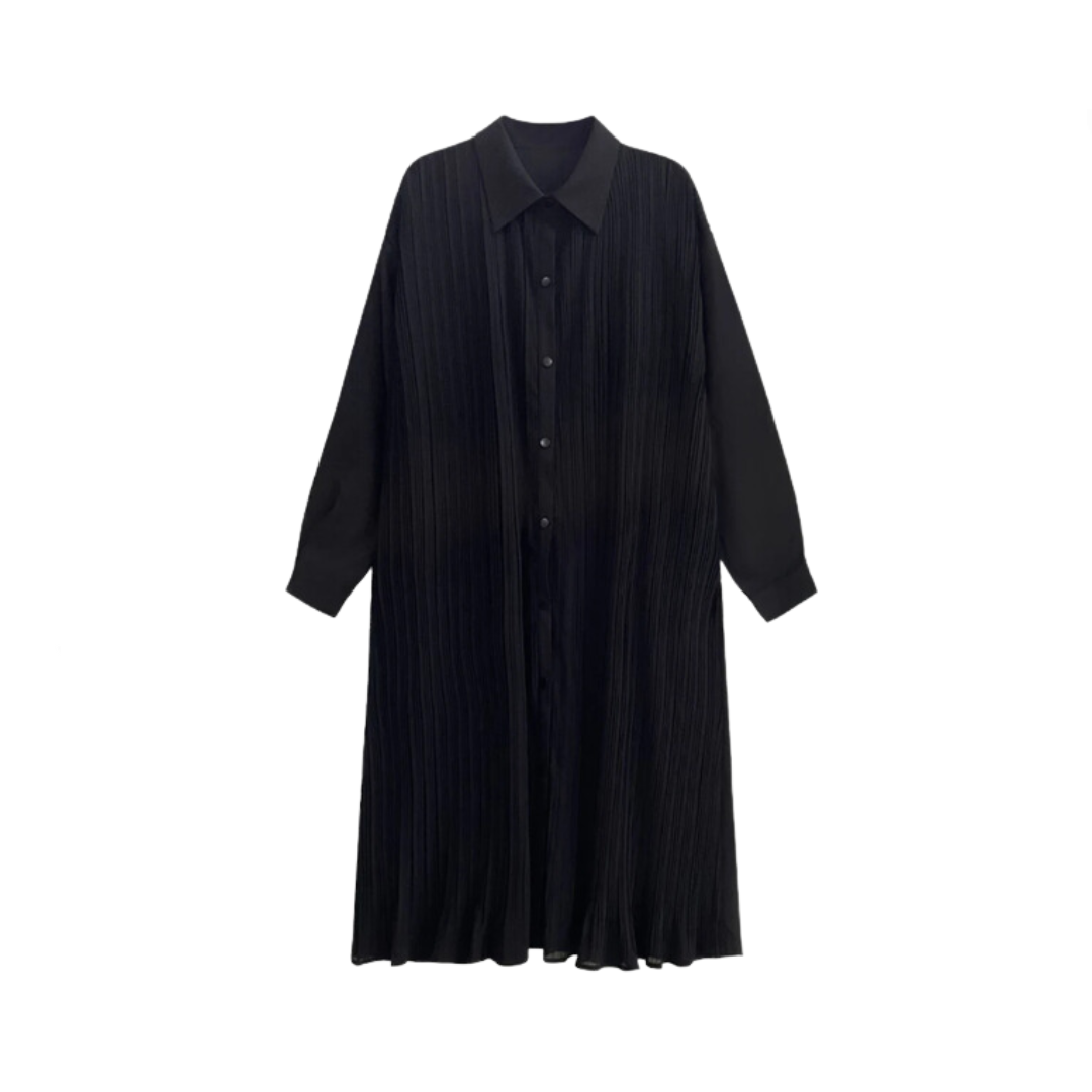 A-Line Pleated Midi Long Sleeved Large Shirt Dress