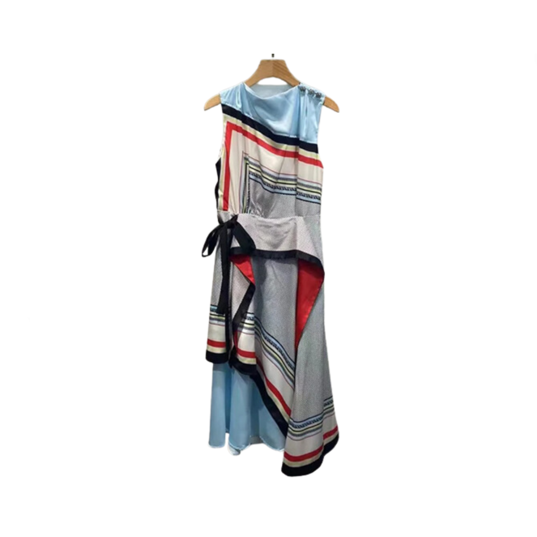 Irregular Sleeveless Tie Waist Printed Dress