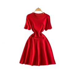 Solid Waist Cinched Round Neck A-Line Dress