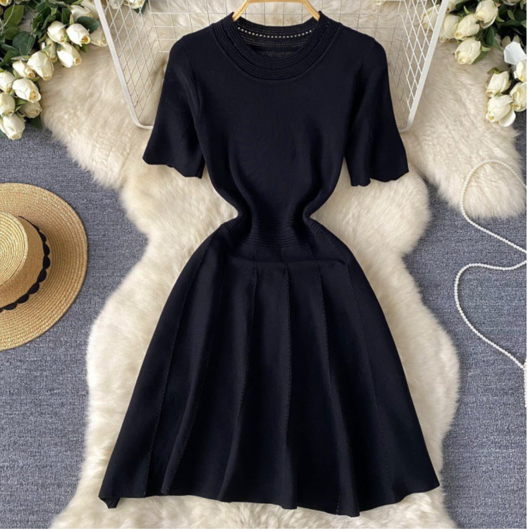 Solid Waist Cinched Round Neck A-Line Dress