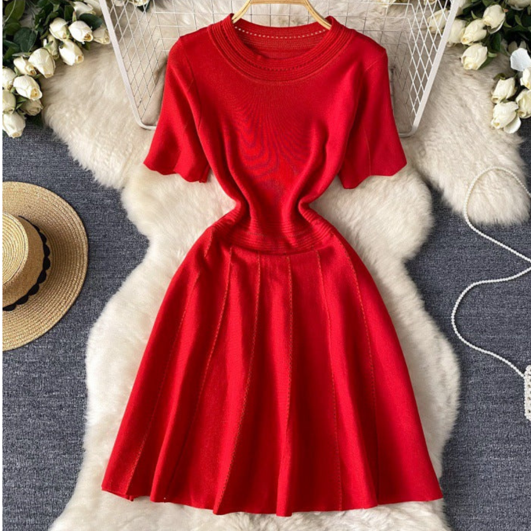 Solid Waist Cinched Round Neck A-Line Dress