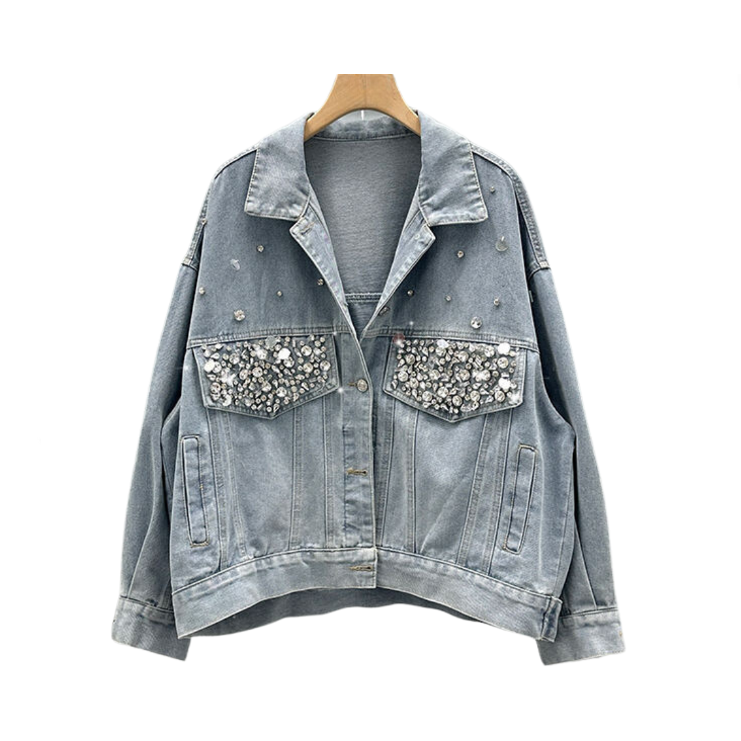 Diamond Studded Long Sleeved Loose Denim Jacket