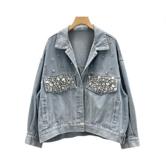 Diamond Studded Long Sleeved Loose Denim Jacket