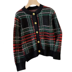 Vintage Plaid Cropped Knitted Cardigan