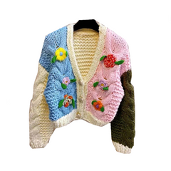 Color Block Rod Needle Knitted 3D Hook Flower Cardigan