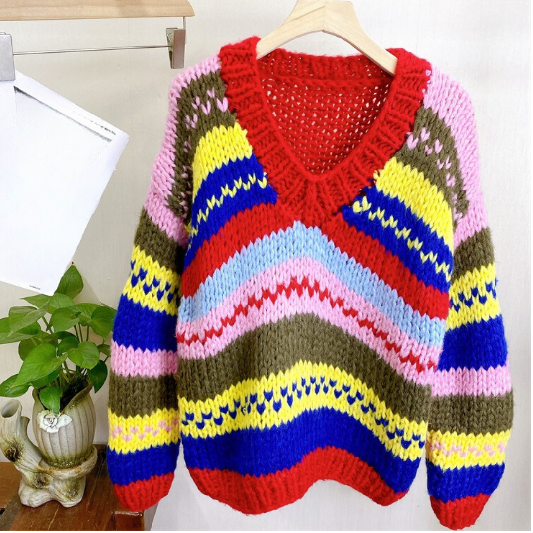 Thick Rod Needle Knitted Striped Loose Sweater