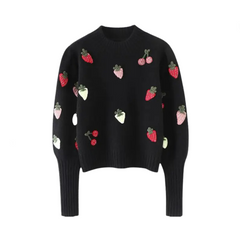 Strawberry Crochet Long Sleeve Knit Sweater