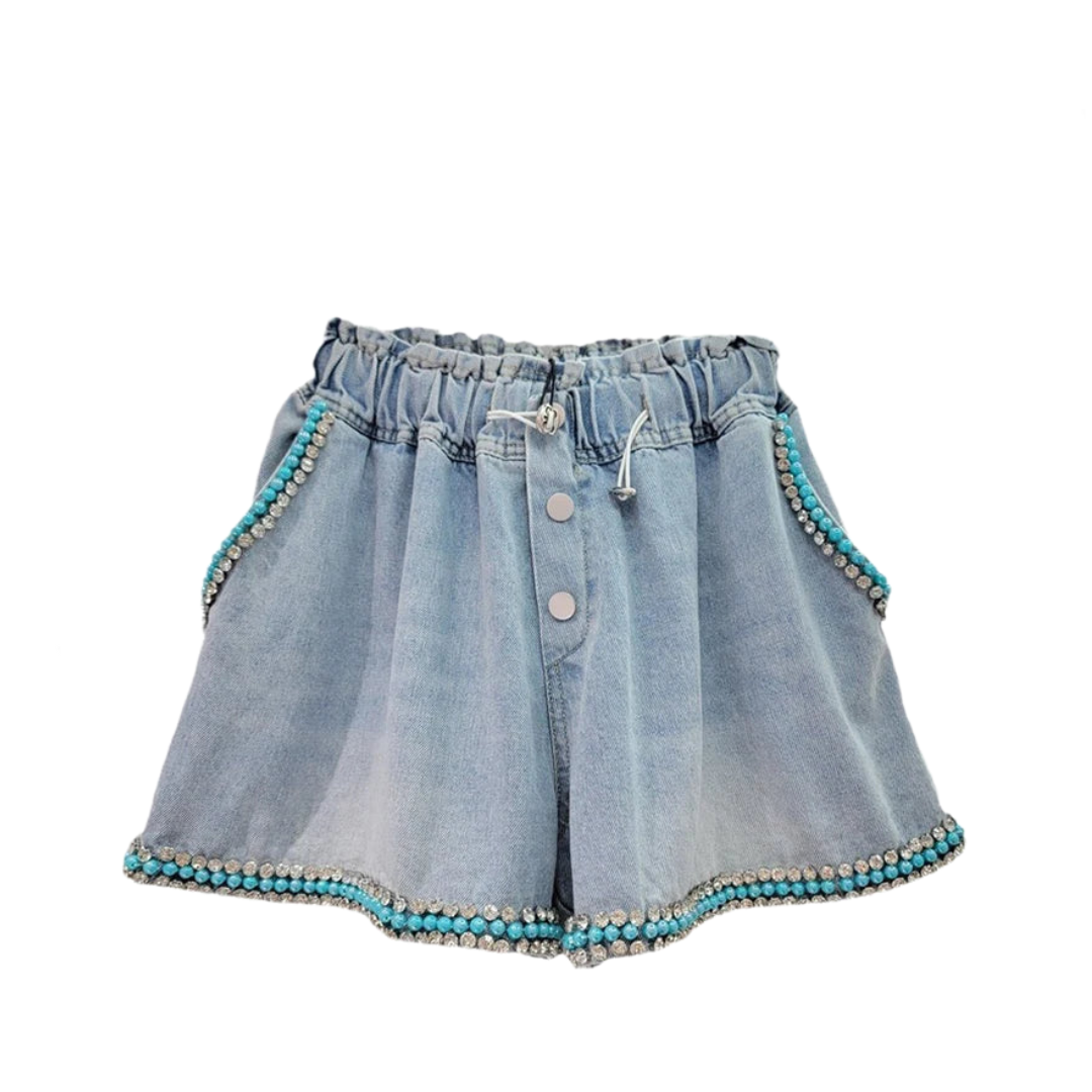 Diamond Studded Blue Beads Wide Leg Denim Shorts