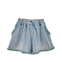 Diamond Studded Blue Beads Wide Leg Denim Shorts