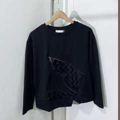 Round Neck Long Sleeved Irregular Hem Patchwork Top