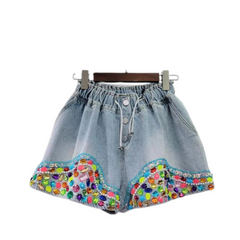 Colorful Diamond High Waist Wide Leg Denim Shorts