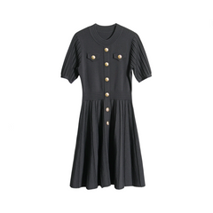 Solid Round Neck Gold Button A-Line Knitted Dress