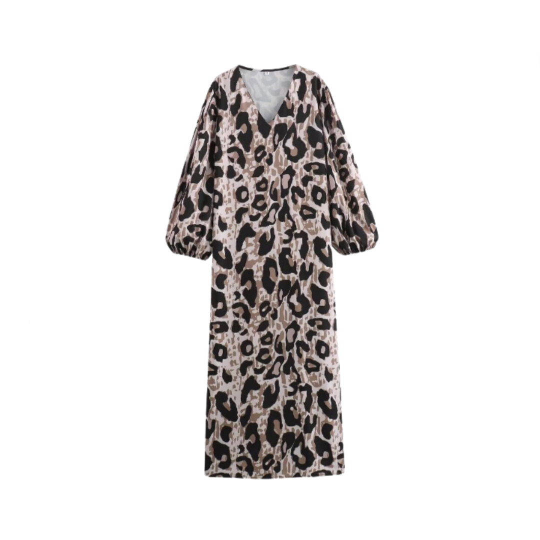 Animal Print Loose V-Neck Long Sleeved Dress