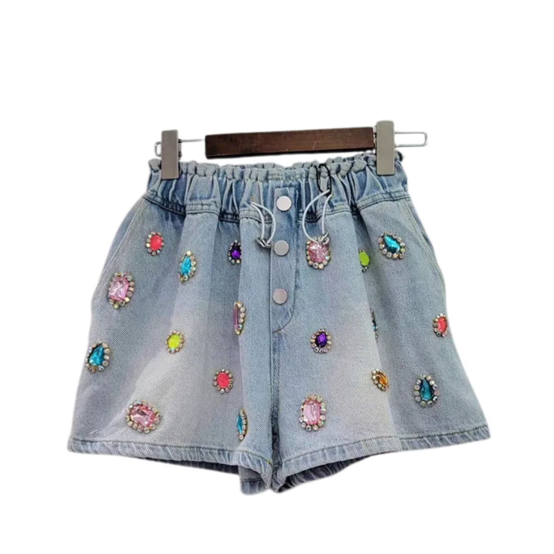 Gemstone High Waist Denim Short Pants