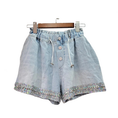 Handmade Diamond Bead Panel Denim Wide Leg Shorts