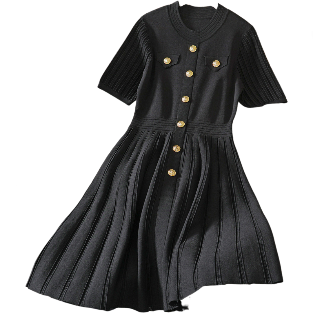 Solid Round Neck Gold Button A-Line Knitted Dress