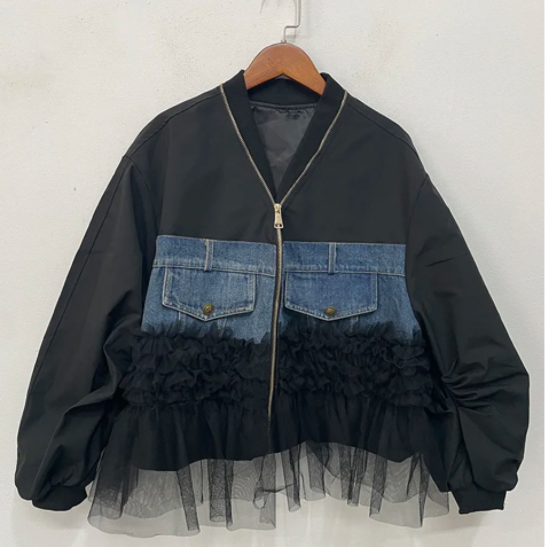 Hem Mesh Spliced Denim Patchwork Loose Jacket