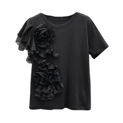 3D Flower Ruffled Edge Cotton T-shirt