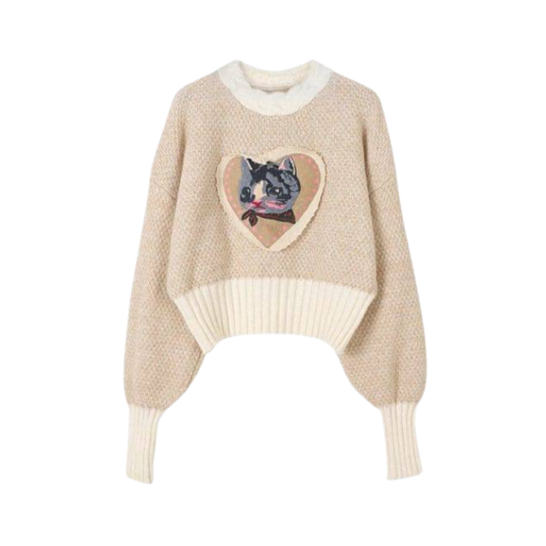 Cat Embroidery Round Neck Long Sleeve Sweater