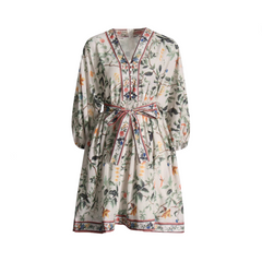 Floral Three Quarter Sleeve Tunic Spliced Lace Up Dress