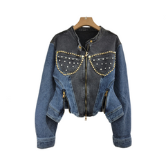 Diamond Embedded Bead Long Sleeve Elastic Denim Slim Jacket