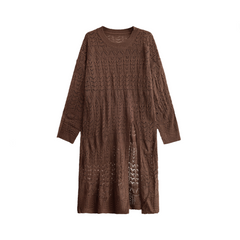 Solid V-Neck High Slit Hollow Knitted Sweater