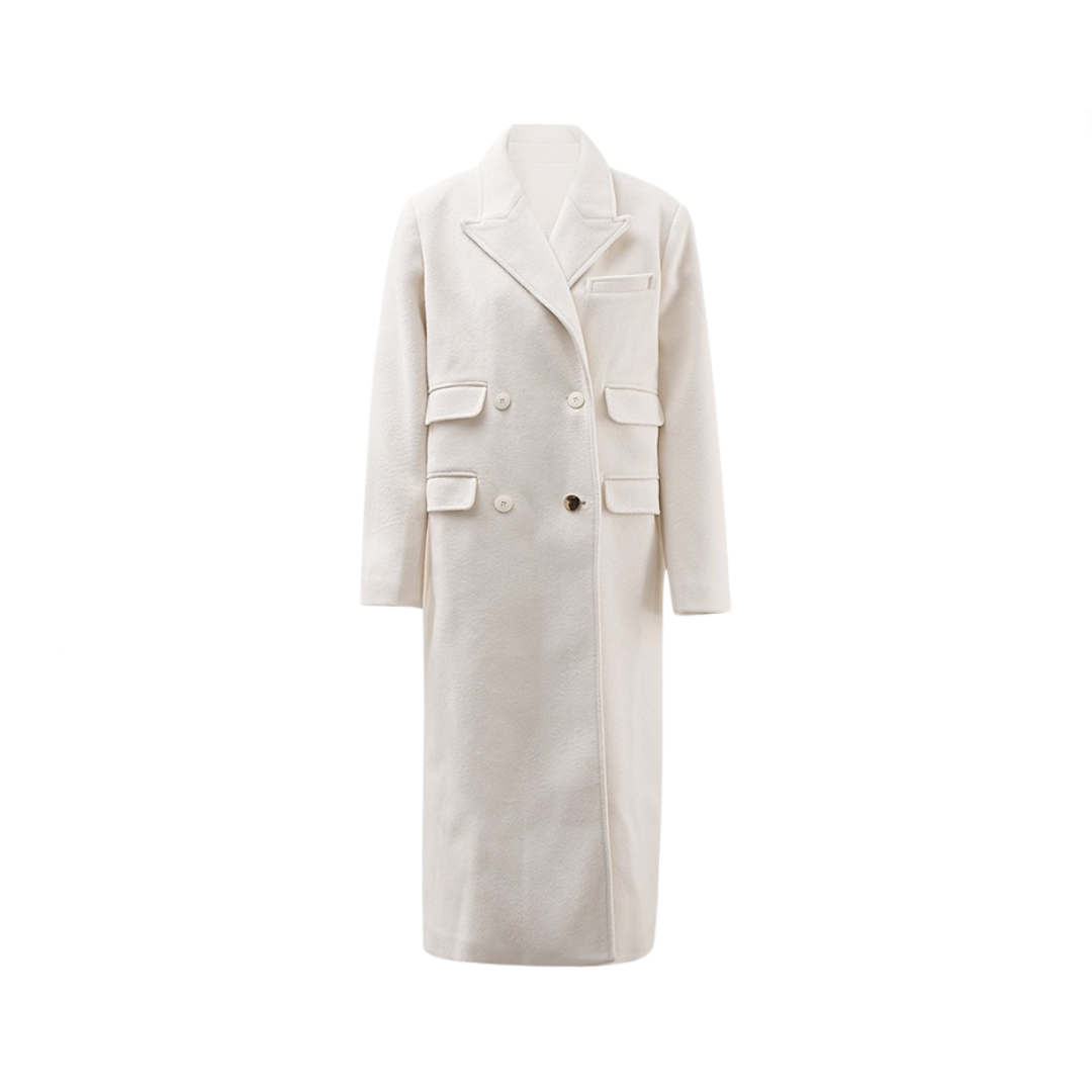 Multi Pocket Woolen Double Breasted Long Coat