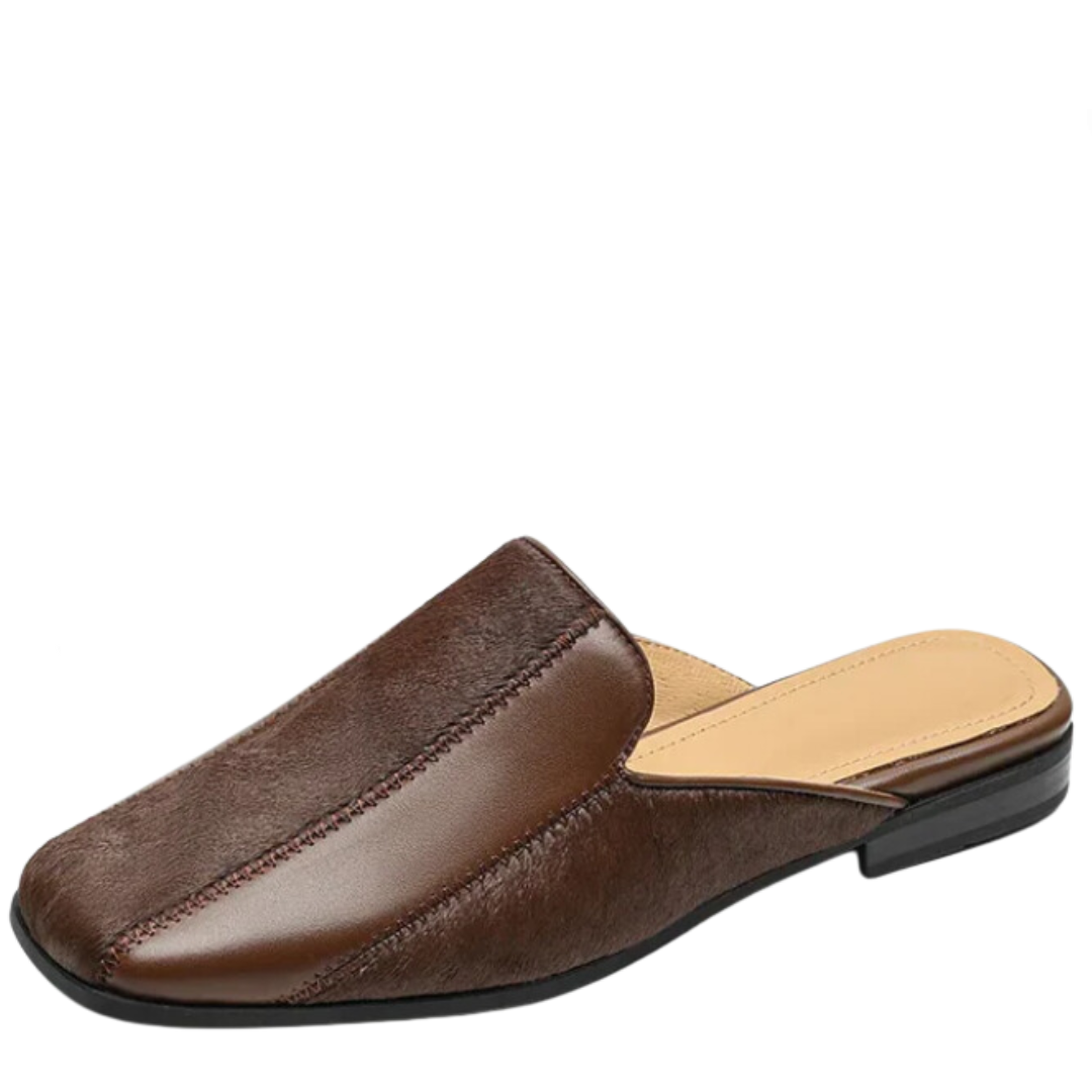 Square Head Thick Heel Leather Mules