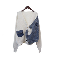 Casual Patchwork Denim Knitted Cardigan