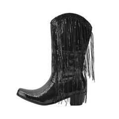 Curved Toe Sequin Tassel Mid-Calf Cowboy Boots